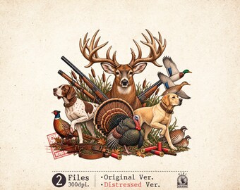 Vintage Hunting PNG: Deer, Turkey, Ducks and Dogs, Original and Distressed Versions