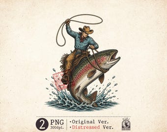 Cowboy Fishing PNG, Rodeo Trout Fisherman Western Vintage Sublimation Design