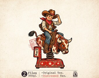Cowboy Boy PNG Western Rodeo, Vintage Bull Rider Clipart, Kids Sublimation Design