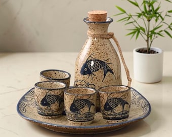 Japanese Ceramic Sake Set, Fish Pattern Carafe and Cups Gift