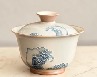 Hand Painted Ceramic Gaiwan Set, Wave Carved Teacup, Chinese Gongfu Tea Bowl