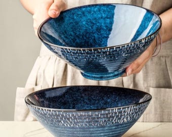 Large Blue Ceramic Noodle Bowl, Japanese Style Ramen Soup Dish