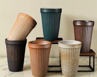 Japanese Rustic Ceramic Mug, Handmade Ribbed Stoneware, Wabi Sabi Coffee Drinkware, Minimalist Pottery 440ml