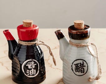 Japanese Ceramic Oil Dispenser, Black Soy Sauce Bottle, Minimalist Kitchen Cruet