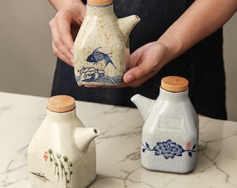 Hand Painted Ceramic Cruet, Japanese Style Oil Vinegar Dispenser