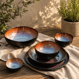 Handmade Stoneware Dinner Plates, Earthy Brown Reactive Glaze, Rustic Ceramic Tableware Set