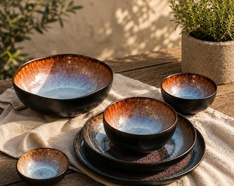 Handmade Stoneware Dinner Plates, Earthy Brown Reactive Glaze, Rustic Ceramic Tableware Set