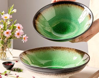Japanese Crackle Glaze Ceramic Ramen Bowl, Emerald Green Noodle Soup Bowl