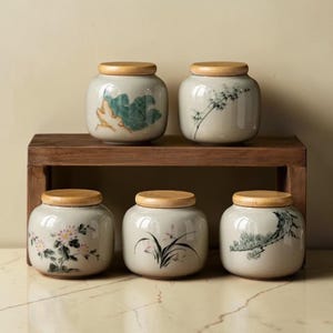 Tarro de cerámica pintado a mano, bote de cocina rústico con estampado floral, recipiente de gres para té y café.