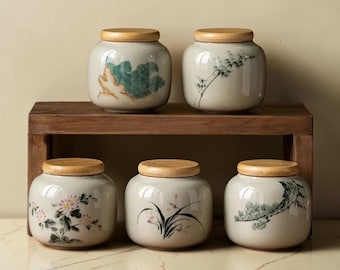 Hand-Painted Ceramic Storage Jar, Rustic Floral Kitchen Canister, Stoneware Tea Coffee Container