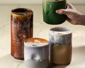 Handmade Rustic Ceramic Travel Mug with Lid, Handleless Pottery Cup