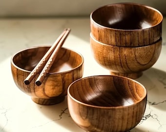 Handcrafted Acacia Nesting Bowls, Japanese Style Soup & Rice Bowl Set