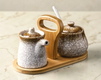 Japanese Ceramic Condiment Set, Soy Sauce Dispenser, Sugar Jar with a Wooden Tray