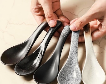 Japanese Ceramic Soup Spoons, Minimalist Wabi-Sabi Asian Tableware, Ramen Pho Utensil