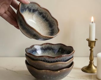 Handmade Blue Ceramic Wavy Edge Bowl, Rustic Japanese Style Appetizer Dish