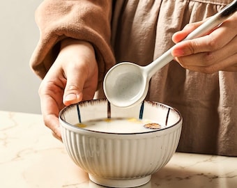 Cuchara larga de cerámica, estilo japonés, vajilla Wabi Sabi, mango de bambú.