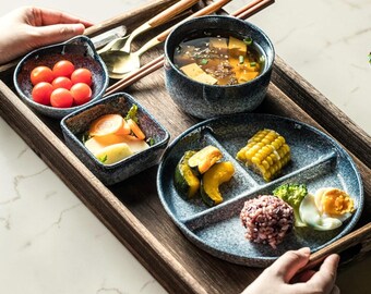 Japanese Ceramic Breakfast Plate Set, Divided Sushi Tray with Sauce Dishes, Minimalist Tableware