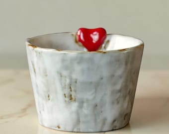 Handmade Ceramic Heart Mug, Rustic Stoneware Coffee Cup, Red Accent Drinkware