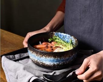 Japanese Ceramic Ramen Bowl with Lid, Minimalist Noodle Soup Dinnerware