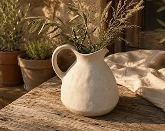 Handmade Ceramic Pitcher, Wabi Sabi Stoneware Vase, Textured Cream Flower Decor