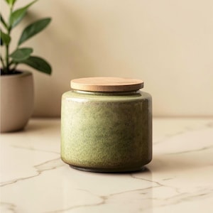 Może przedstawiać: Cylindryczny ceramiczny słoik z nakrapianą szałwiowo-zieloną glazurą i gładką, jasną drewnianą pokrywką. Pojemnik posiada teksturowane, nakrapiane wykończenie na całej powierzchni, co nadaje mu wyczuwalną fakturę przy zachowaniu prostej, funkcjonalnej formy.