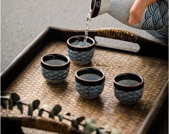 Handmade Ceramic Sake Set – Blue Wave Carafe & Cups