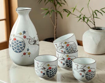 Hand Painted Japanese Sake Set, Ceramic Bottle, 4 Cups, Asian Drinkware, Bar Decor