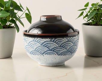 Japanese Ceramic Ramen Bowl with Lid, Underglaze Wave Serving Dish