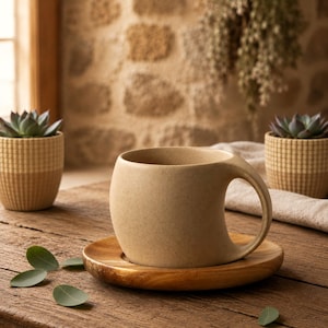 May include: A matte beige ceramic mug with a rounded, bulbous shape and a curved handle, resting on a circular wooden saucer. The mug has a speckled texture and sits alongside scattered green leaves on a rustic wooden surface.
