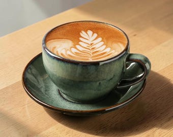 Handmade Ceramic Cup and Saucer, Reactive Glaze Latte Drinkware, Japanese Stoneware Mug