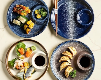 Ceramic Dumpling Plate with Dipping Sauce Compartment, Japanese Sushi Appetizer Dish