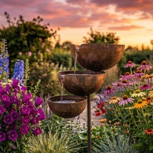 Rustic Metal Rain Catcher With Three Bowls, Garden Fountain Stake, Outdoor Zen Art Decor