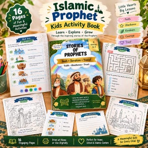 Puede incluir: Un conjunto de libros de actividades para niños sobre profetas islámicos, que incluye un libro central de Historias de Profetas con Nuh, Ibrahim y Yusuf, rodeado de hojas de actividades con laberintos, dibujos para colorear y ejercicios.