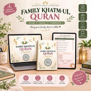 May include: A digital Family Khatm-ul Quran planner and organizer set displayed on a laptop screen, a spiral-bound notebook, and a tablet. The design features floral accents, lanterns, and text including Family Khatm-ul Quran, Plan, Track, Complete.