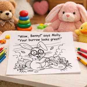 Página para colorear de bloques grises y blancos, conejito para imprimir. Página para colorear de limpieza y responsabilidad: Benny, el conejo servicial, material educativo para imprimir.