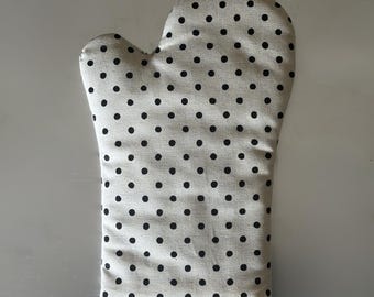 Handmade Linen Oven Mitt, Black Polka Dots, Japanese Fabric, Kitchen Glove