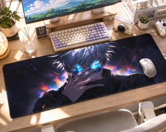 Anime-Gaming-Mauspad, XXL-Schreibtischunterlage, Blaues Neon-Fantasy-Mauspad, Große Tastaturunterlage, Verlängerte Gamer-Schreibtischunterlage, Geschenk für Anime-Fans (Gojo)