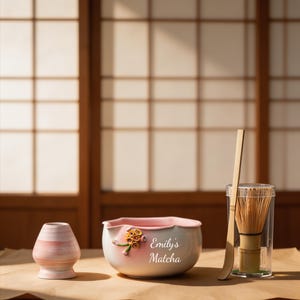 Könnte beinhalten: Ein Matcha-Teeset mit einer rosa-weißen Keramikschale mit floralen Akzenten, einem Bambusbesen, einer kleinen rosa Keramik-Teetasse und einem Bambuslöffel. Auf der Schale steht der Text "Emily's Matcha".