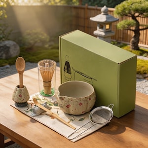 May include: A matcha tea set including a light green box with black line art, a ceramic bowl with a floral pattern and the word Tea, a bamboo whisk in a clear case, a bamboo scoop, a ceramic scoop holder, and a metal mesh strainer on a cloth mat.