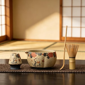 Könnte beinhalten: Ein japanisches Teeservice mit einer Keramikschale, einem Schneebesen und einem kleinen Behälter. Schale und Behälter sind mit einem Katzen- und Blumenmuster in Rot, Schwarz und Weiß verziert. Schneebesen und Löffel sind aus Bambus.