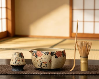 Set da tè matcha personalizzato con gatto, set da tè matcha in ceramica giapponese con frusta e supporto, chawan smaltato a mano, regalo per il tè con incisione personalizzata