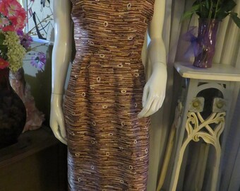 1950s' Brown/Gold/Beige Abstract Print SLEEVELESS PENCIL DRESS---No Size/Label