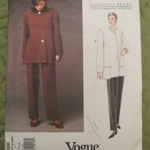May include: A sewing pattern for a jacket and trousers. The pattern is for sizes 12-14-16. The pattern is by Geoffrey Beene, a Vogue American designer. The pattern is for a jacket and trousers. The jacket is a long, loose-fitting jacket with a collar and buttons. The trousers are a straight-leg trouser. The pattern is on a white background with black text.