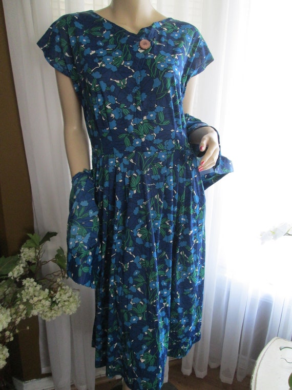 1950's Blue/White Floral JACKET/DRESS Set----No L… - image 5