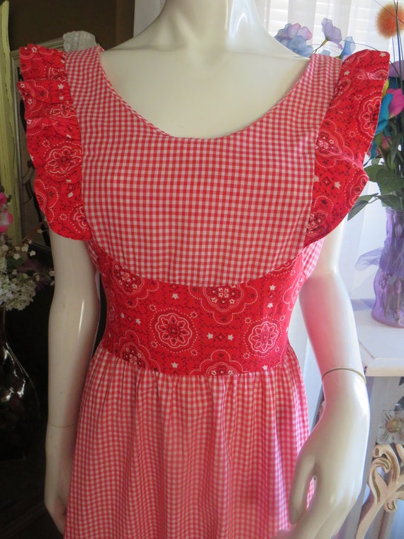 1970s' Red/White CHECKERED Paisley Ruffle Trim DR… - image 2