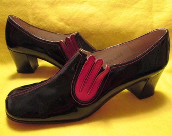 1960s' BLACK Chunk Heel PATENT PUMPS By Quality-Craft---Size 6 1/2