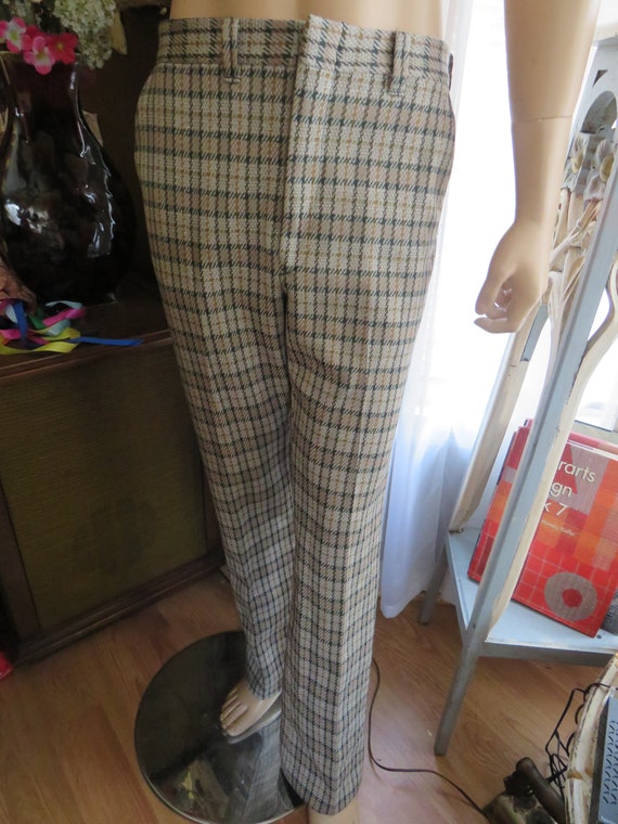 1970s' Male Brown/Black PLAID POLYESTER SLACKS----