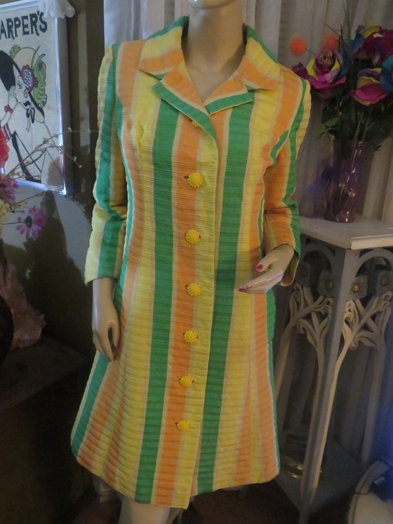 1960s' Green/Yellow/Orange/Tan Striped COAT By LI… - image 1