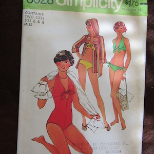 1977 Simplicity One Piece BATHING SUIT/Bikini Pattern and Hooded COVERUP---Size 6/8