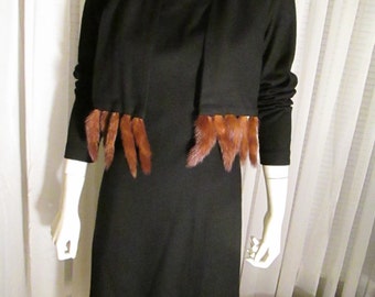 1950s' Miss Merlinda of California BLACK Wool DRESS With MINK Tail Collared Shawl--Size 12